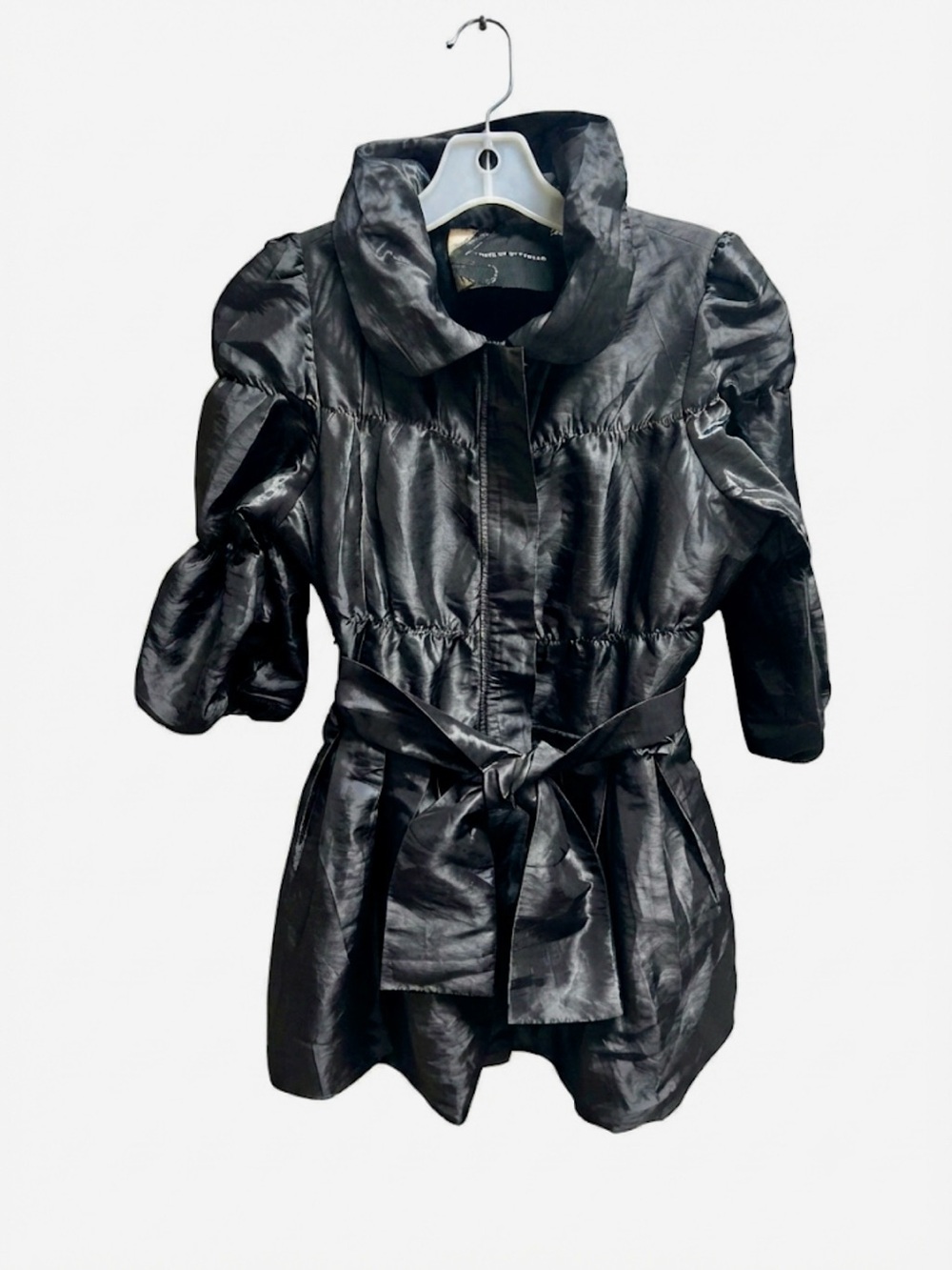 Vtg Twelve By Twelve Y2K Satin Puff Sleeve Peplum Trench Coat Jacket Black S